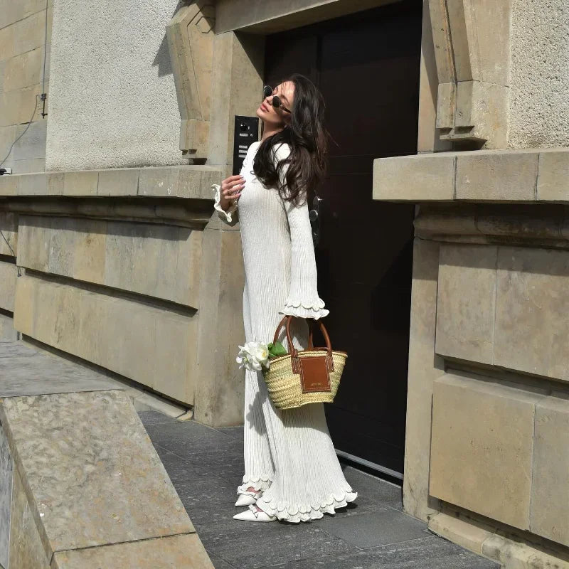 Fashion Solid Ruffles Pleated Loose Long Dress Women Elegant Round Neck Flare Long Sleeves Maxi Dresses Lady High Street Wear