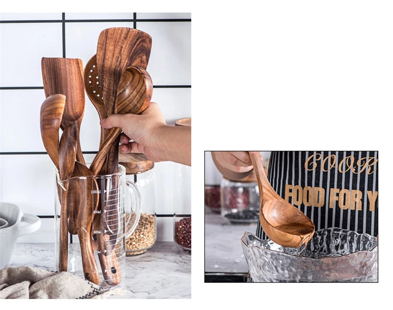 1~9PCS Thailand Teak Natural Wood Tableware Spoon Ladle Turner Long Rice Colander Soup Skimmer Cooking Spoons Scoop Kitchen Tool