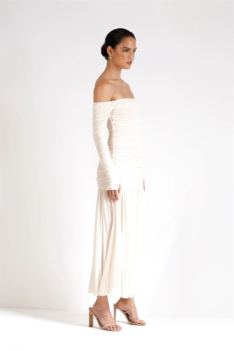 Mozision Off-shoulder Strapless Sexy Maxi Dress Women Summer New Patchwork Backless Long Sleeve Pleated Long Dress Elegant