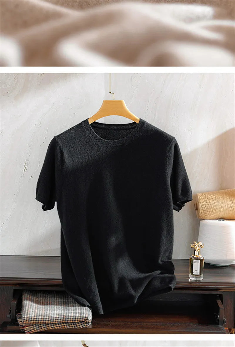 Superfine Merino Cashmere Knitted O-neck T-shirt for Men's Clothing Short Sleeve Tee Solid Color Trend Leisure Tee Tops ﻿
