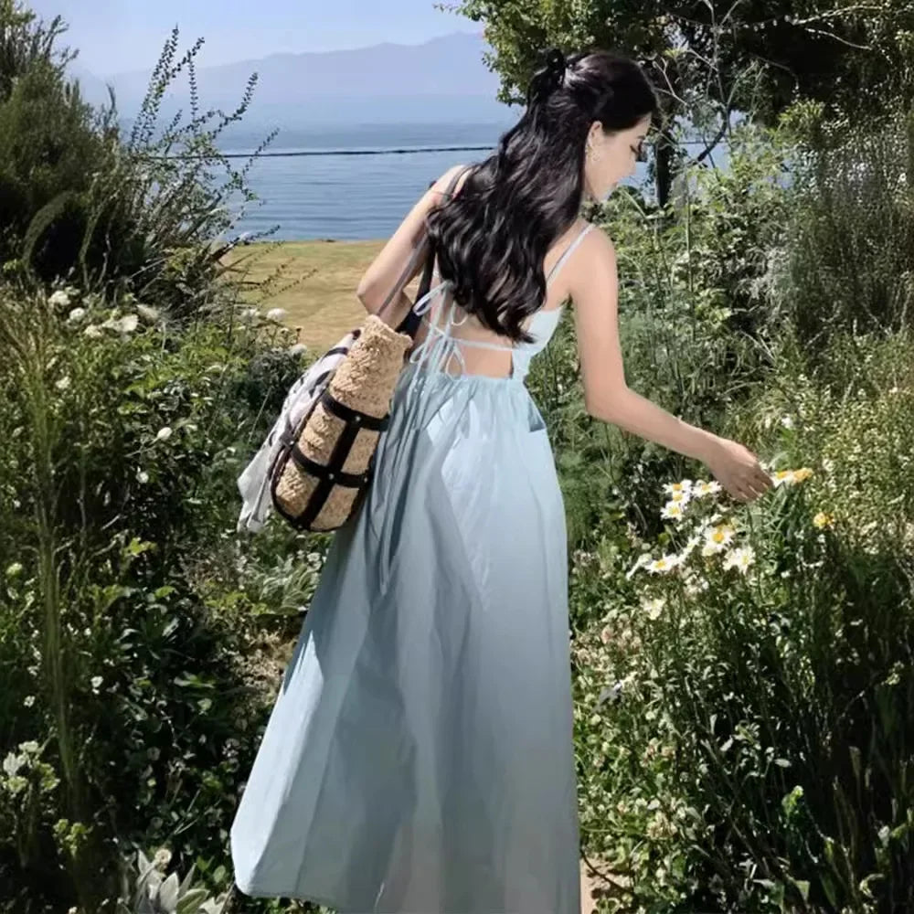 French Style Sexy Open-Back Blue Tank Dress Women's Summer Vacation Beach A- Line Long Dress Beach Vacation Dress