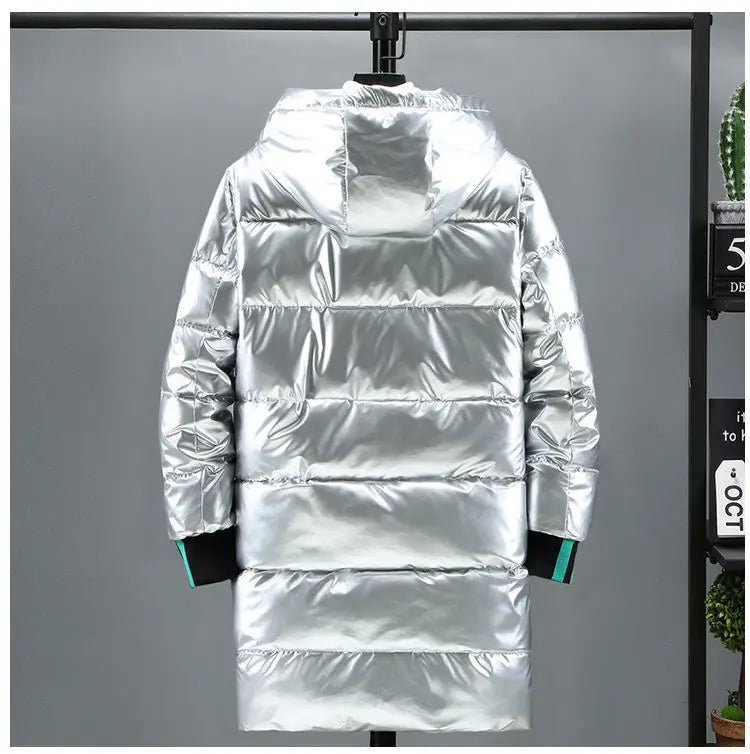 Men's Mid Length Cotton Down Jacket, Thick Down Overcoat, Glossy Coat, Quilted Hoodie, Hat, Winter Trend, Casual, New