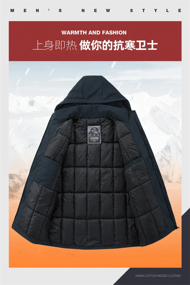 Men Fashion Hooded Windproof Warm Coat Plus Size Outwear Men Hooded Thick Fleece Warm Casual Thicken Cotton Jacket Winter Parka