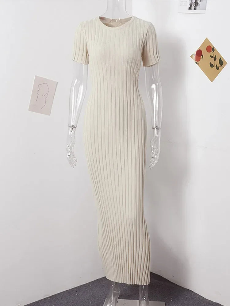Knitted Long Dress Women Short Sleeve Pleated Lady Party Dresses 2024 Spring Summer Hip Package O Neck Ribbed Female Vestidos