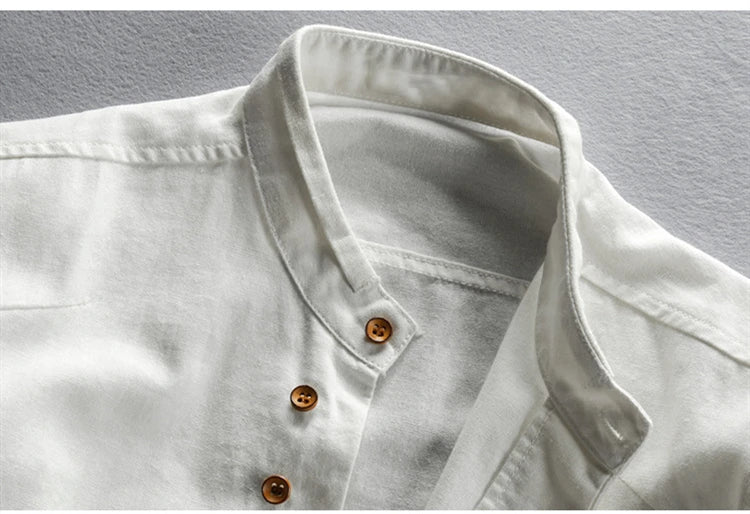 Men Spring Autumn Japan Vintage Style Cotton Linen Shirts Stand Collar Slim Fit Single Breasted Simple Design Soft Casual Shirt