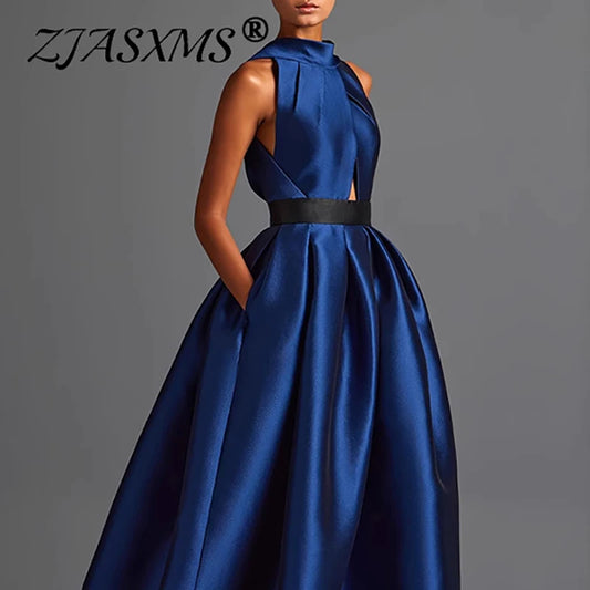 Vestidos Summer Sleeveless Hollow Satin Evening Dresses Woman Sexy O Neck Draped Long Dress Spring Solid Pocket Swing Boho Dress