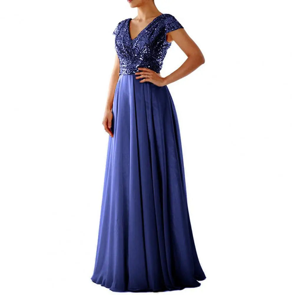 Elegant Sequins Chiffon Dress For women V Neck Pleated Hem Female Sequins Chiffon Prom Cocktail Long Dress Wedding Evening Dress