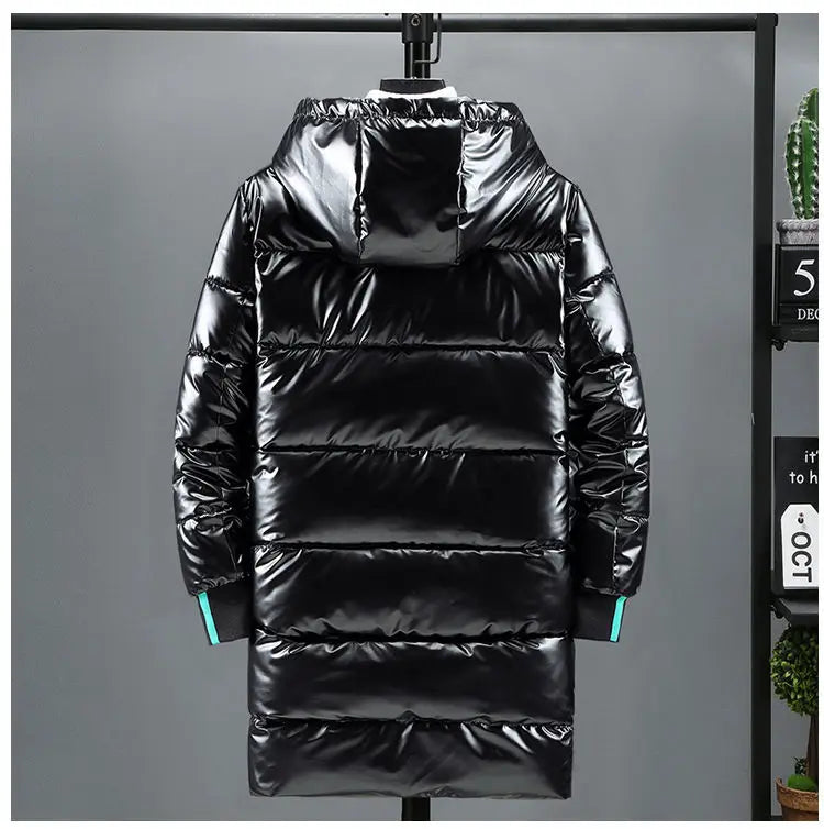 Men's Mid Length Cotton Down Jacket, Thick Down Overcoat, Glossy Coat, Quilted Hoodie, Hat, Winter Trend, Casual, New