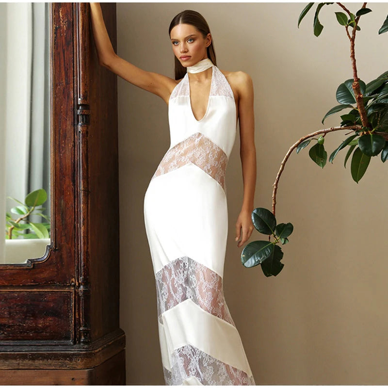 New Sexy Lace V-neck Sling Long Dress Women Retro Black Perspective Sleeveless Patchwork Maxi Dresses Female Chic Street Party