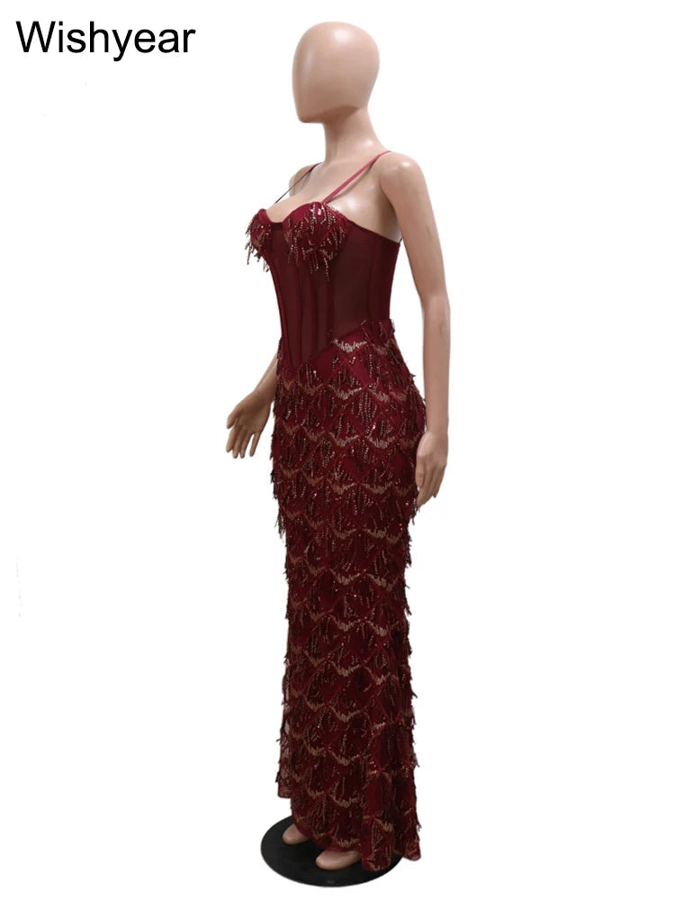 Sexy Spaghetti Strap Backless Bodycon Evening Club Party Dresses for Women Elegant Tassel Sequined Long Dress Birthday Femme