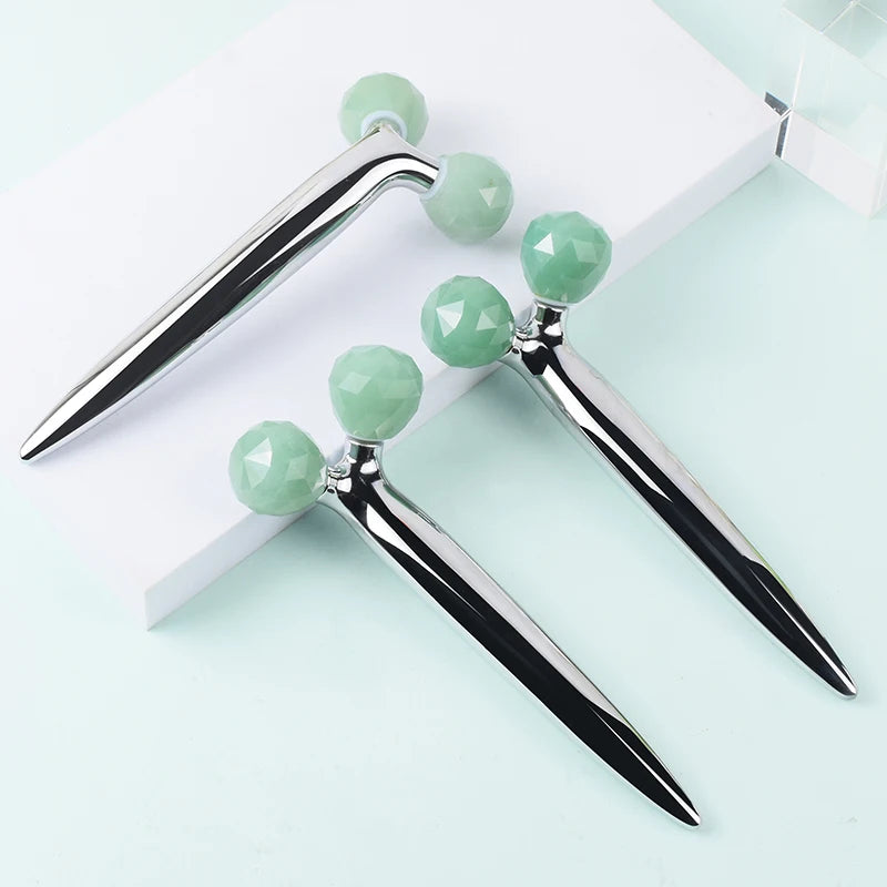 Green Aventurine 3D Roller Massager Y Shape 360 Rotate Thin Face Body Shaping Relaxation Wrinkle Remover Facial Massager Tool