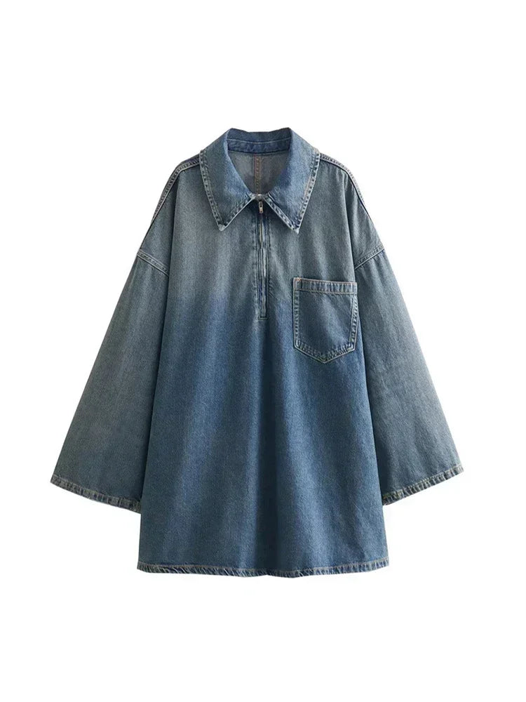 Women's Denim Dresses Lapel Zip Mini Long Sleeve Dresses Fashion Casual Loose Patch Pocket Party Commuter Denim Dresses