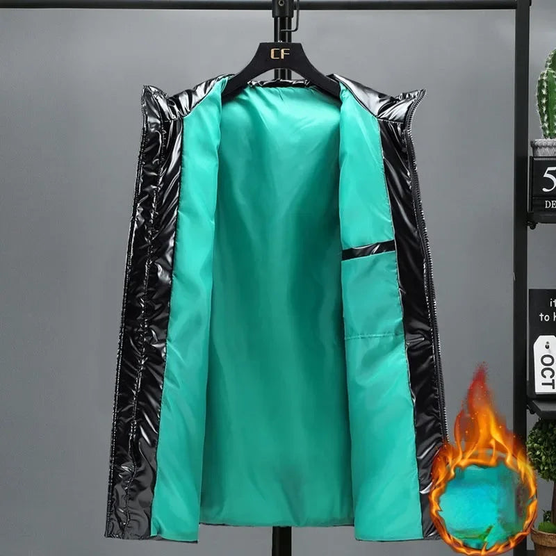 Men's Mid Length Cotton Down Jacket, Thick Down Overcoat, Glossy Coat, Quilted Hoodie, Hat, Winter Trend, Casual, New