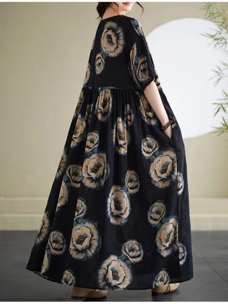 Oversized Summer Bohemian Style Long Dress Women Ruffle Pleated Fashion Flower Print Ladies Dresses Loose Casual Woman Dress