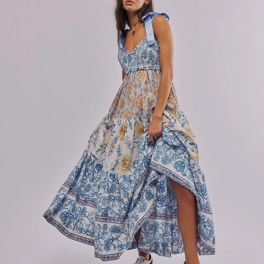 Combhasaki Women's Y2K Vintage Floral Print Ribbon Tie-Up Shoulder Straps Sleeveless V-Neck Summer Big Swing A-line Long Dress