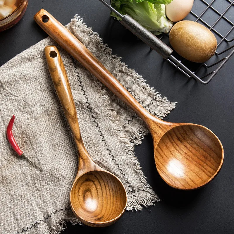1~9PCS Thailand Teak Natural Wood Tableware Spoon Ladle Turner Long Rice Colander Soup Skimmer Cooking Spoons Scoop Kitchen Tool