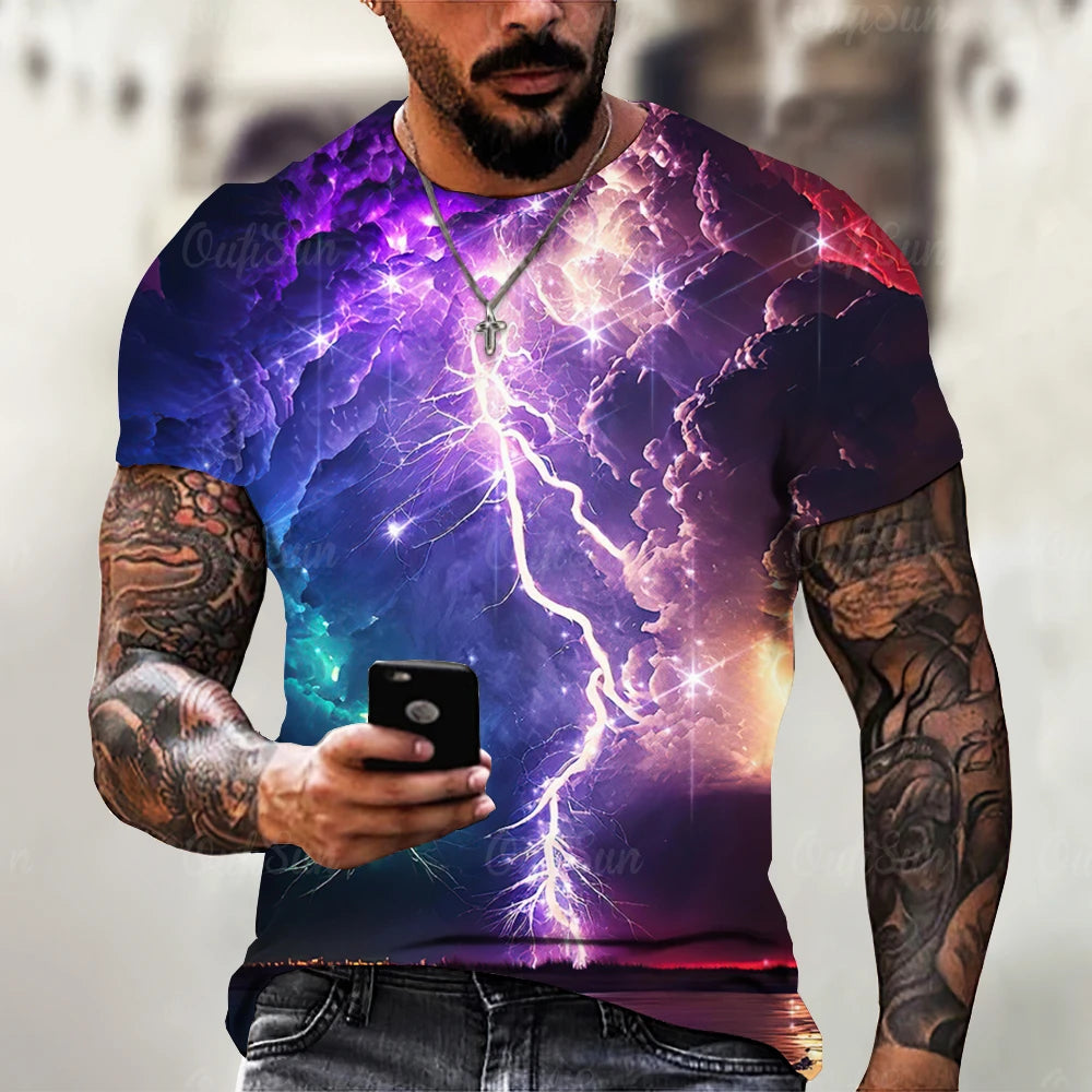 Men's T Shirt 3d Lightning Print Mens Short-Sleeved Tops Summer Street Fashion T-Shirt for Men Casual Tees Oversized Clothing XL