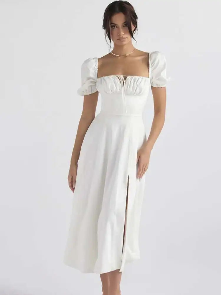 Avrilyaan White Lace Up Pleated Sexy Dress Women 2023 Split Backless Long Summer Dress Vestidos Elegant Holiday Casual Dresses