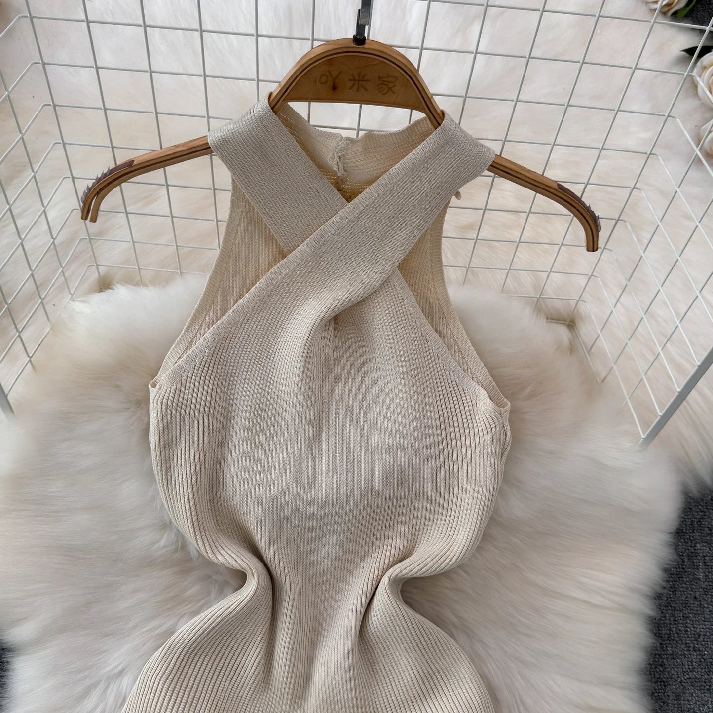 Solid 2024 Cross Knitted Women Dress Summer Strap Sleeveless Bodycon Dress Europe Style Halter Ladies Sexy Midi Long Dress