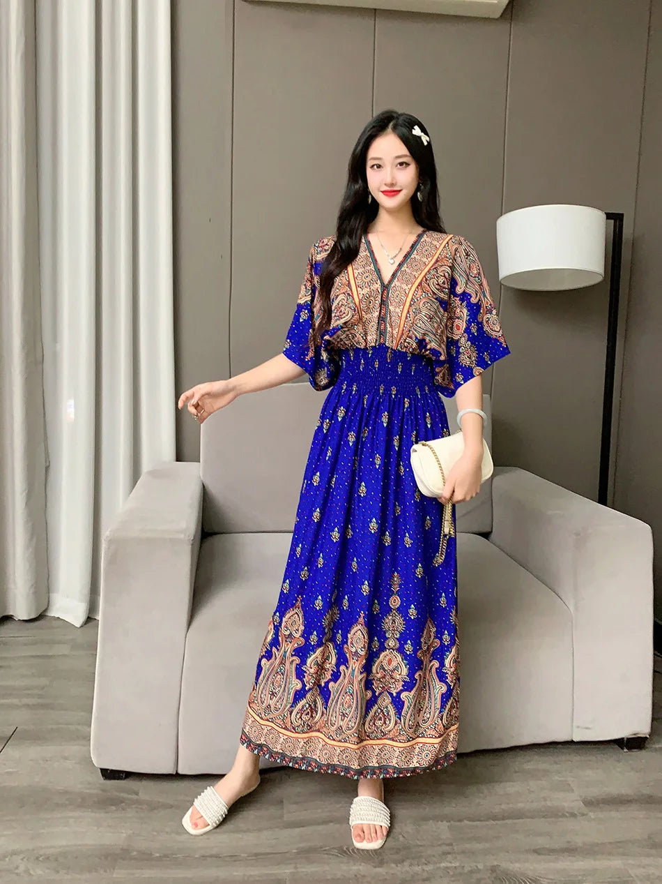 V-neck Large Skirt Hem Casual Sweet Holiday Long Dress Bat Sleeves Elastic Waist Bohemian Print Floral Elegant Dresse For Women