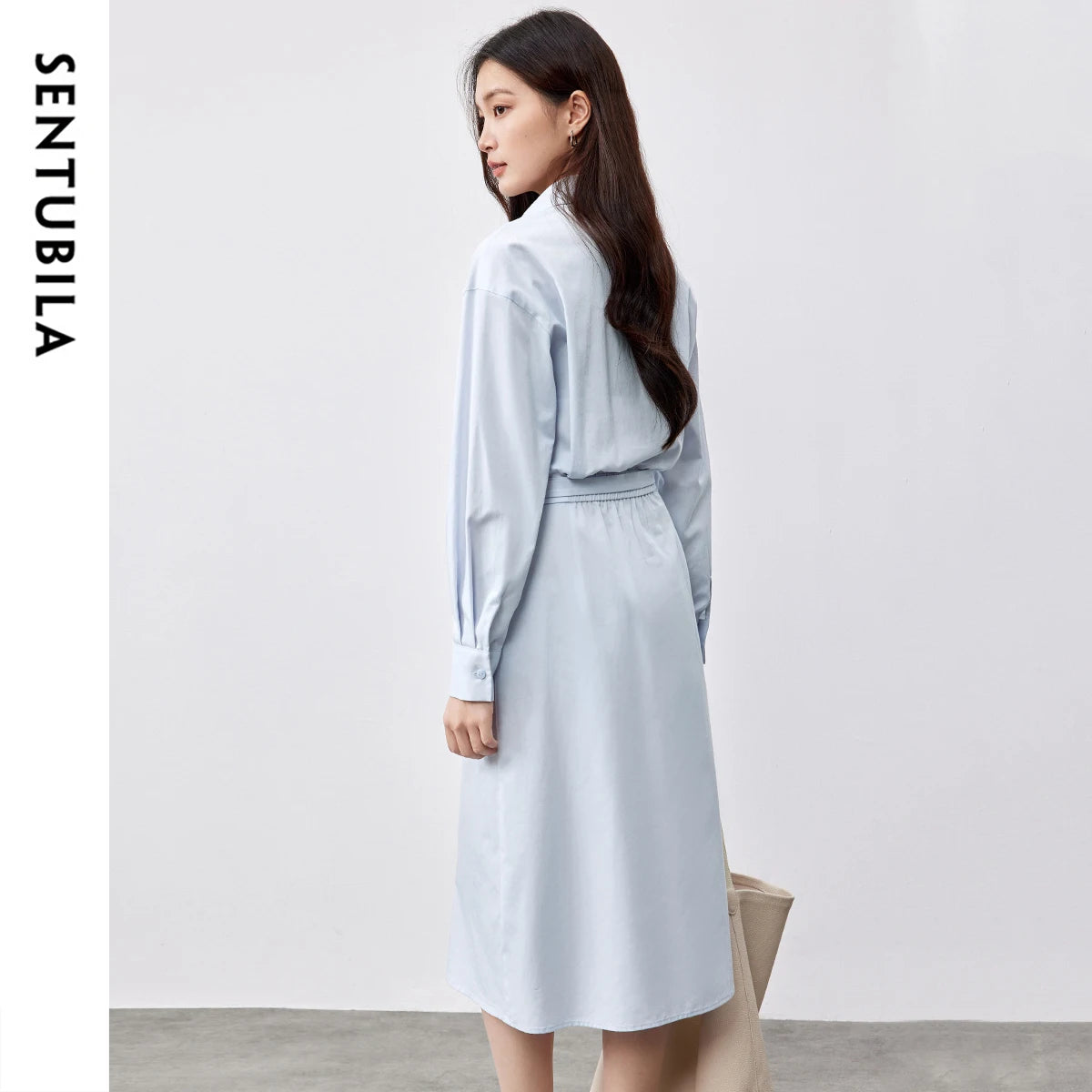 SENTUBILA Lyocell Shirt Dresses Womens 2025 Spring Cotton Embroidery A-line Turn Down Collar Solid Wrap Long Dress 151L58233