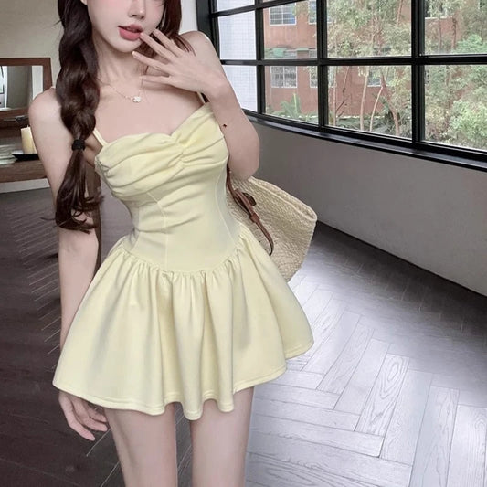 Sexy Spaghetti Strap Folded A-line Dress For Women's Summer Casual Dresses