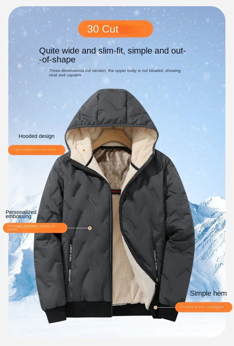 2024 new men's imitation wool cotton jacket thick and warm plus size loose and casual versatile solid color simple hooded top