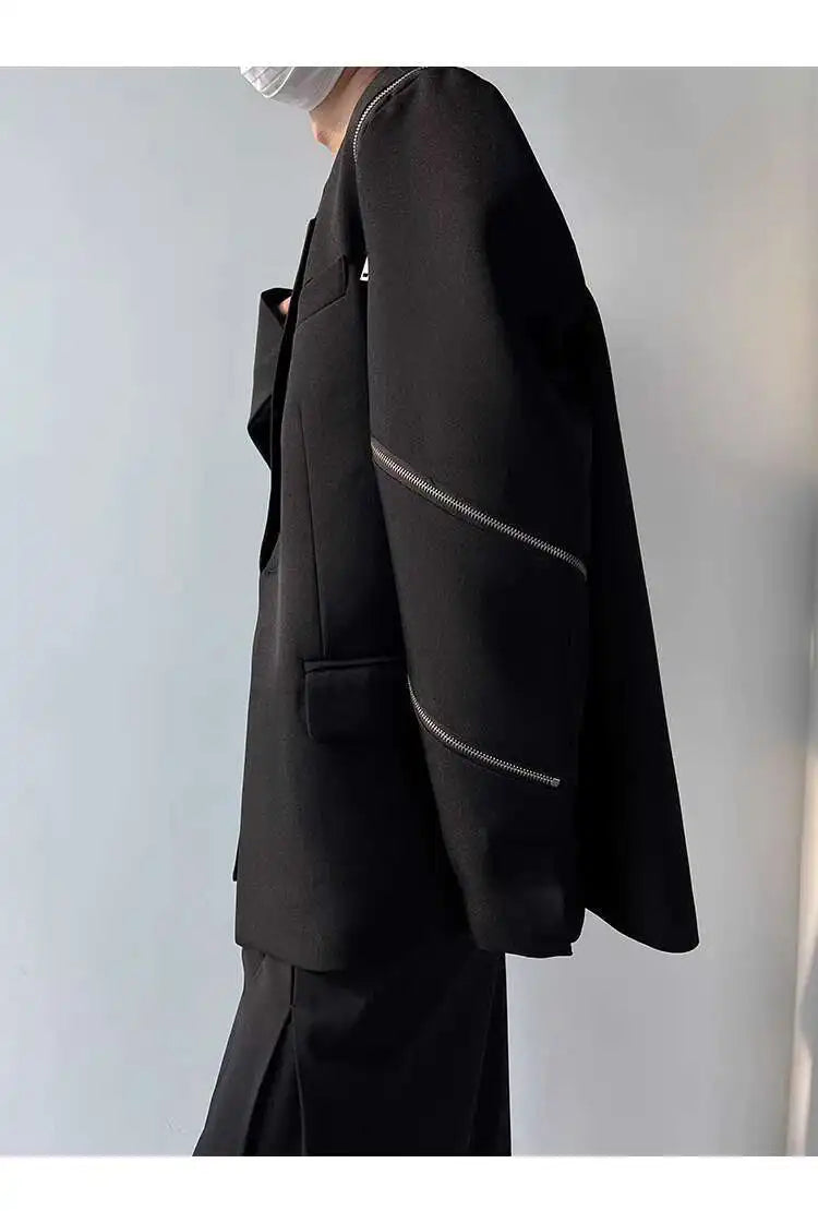 IEFB Zipper Men Suit Personalized Design Coat Casual 2023 Solid Color Long Sleeve Zipper Decoration Male Jacket Darkwear 9A5018