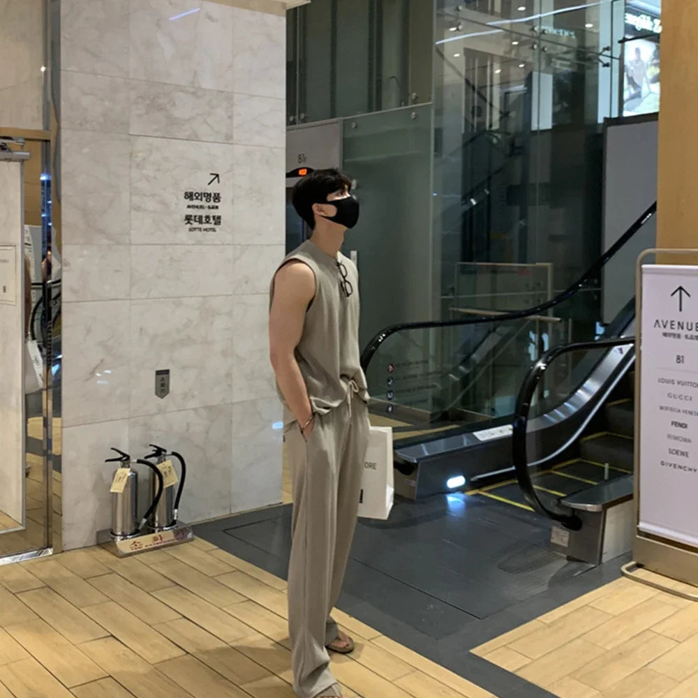 New Summer Clothing Mens Casual Tank Tops Set Luxury Korean Streetwear O Neck Solid Drape Vest and Trousers 2 Piece Suit