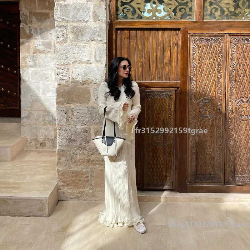Fashion Solid Ruffles Pleated Loose Long Dress Women Elegant Round Neck Flare Long Sleeves Maxi Dresses Lady High Street Wear