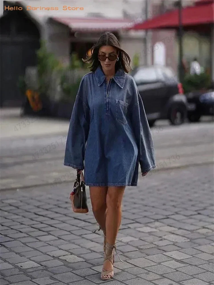 Women's Denim Dresses Lapel Zip Mini Long Sleeve Dresses Fashion Casual Loose Patch Pocket Party Commuter Denim Dresses