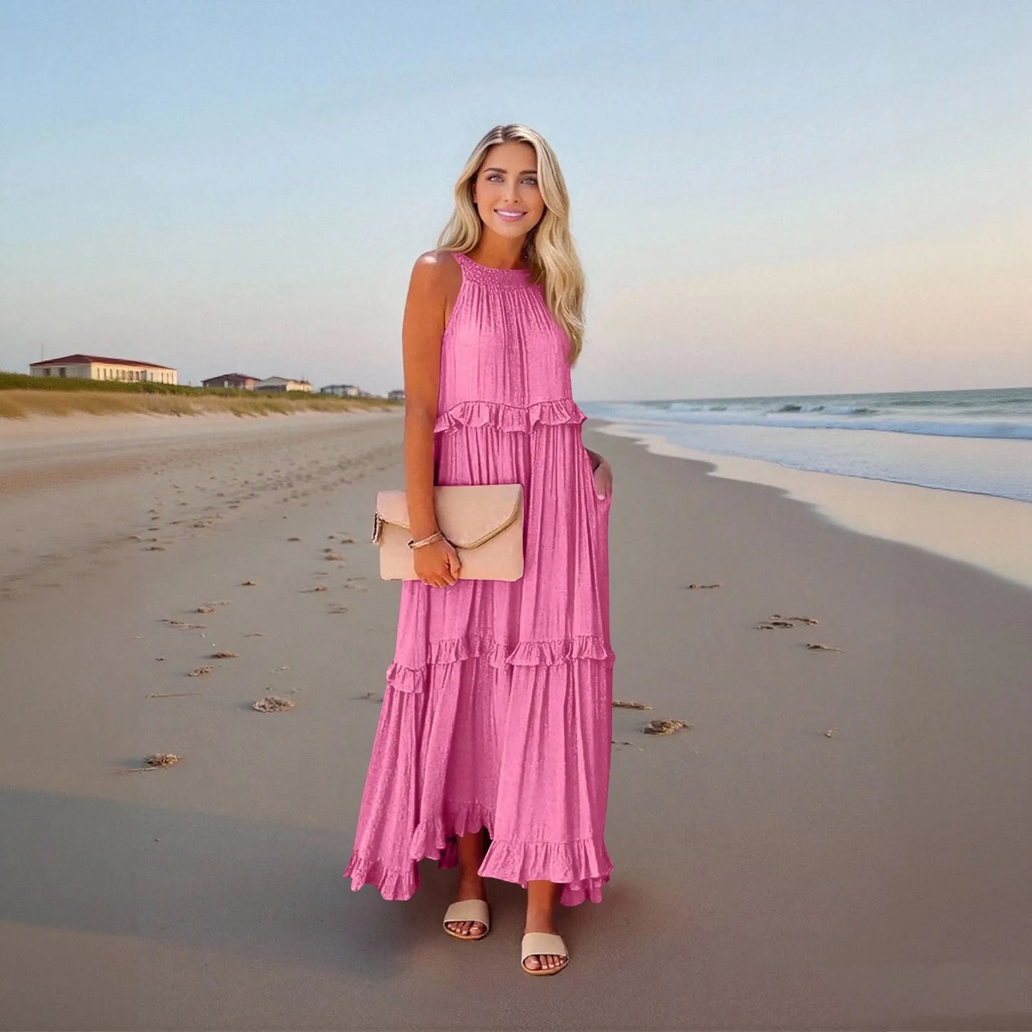 Women's Ruffled hem layered long dresses Summer Sleeveless backless dress Fashion Long Dress Big Swing Beach Dress vestidos