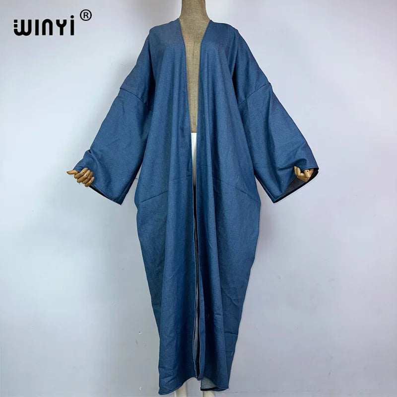 WINYI Embroidered soft denim cardigan Women coat Loose Long Dress elegant Party Boho maxi beach Holiday Swimming Cover Up Kimono