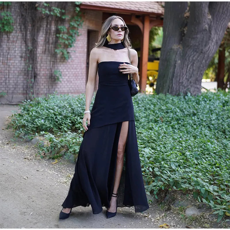 Elegant Yellow Gauze Off Shoulder Scarf Neack Long Dress Women Fashion Sleeveless A-line Vestido 2025 Summer Vocation Party Robe