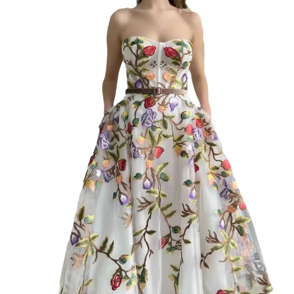 2025 New Cross-Border Women's Clothing Dress Off-Shoulder Strapless Embroidered Elegant Slimming Mesh Long Dress