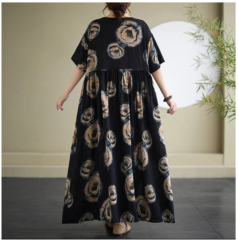 Oversized Summer Bohemian Style Long Dress Women Ruffle Pleated Fashion Flower Print Ladies Dresses Loose Casual Woman Dress