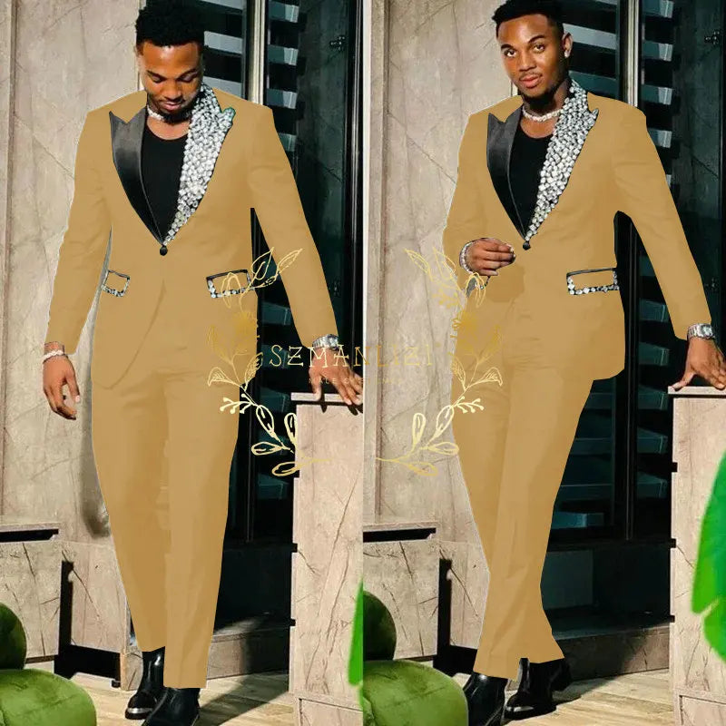 Black Suits for Men Slim Fit Single Breasted Peak Lapel Blazer High Quality Crystal Prom Party 2 Piece Jacket Pants Sets Terno