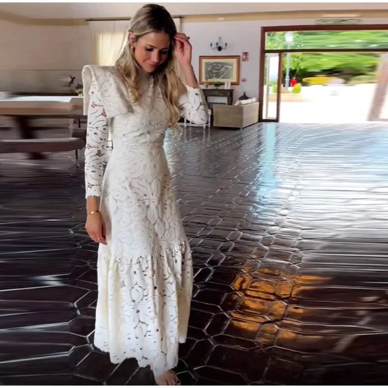 Elegant Lace Hollow Out Long Dress Women High Collar Long Sleeve Slim Solid Dresses 2025 Spring Summer Patchwork Lady Party Robe