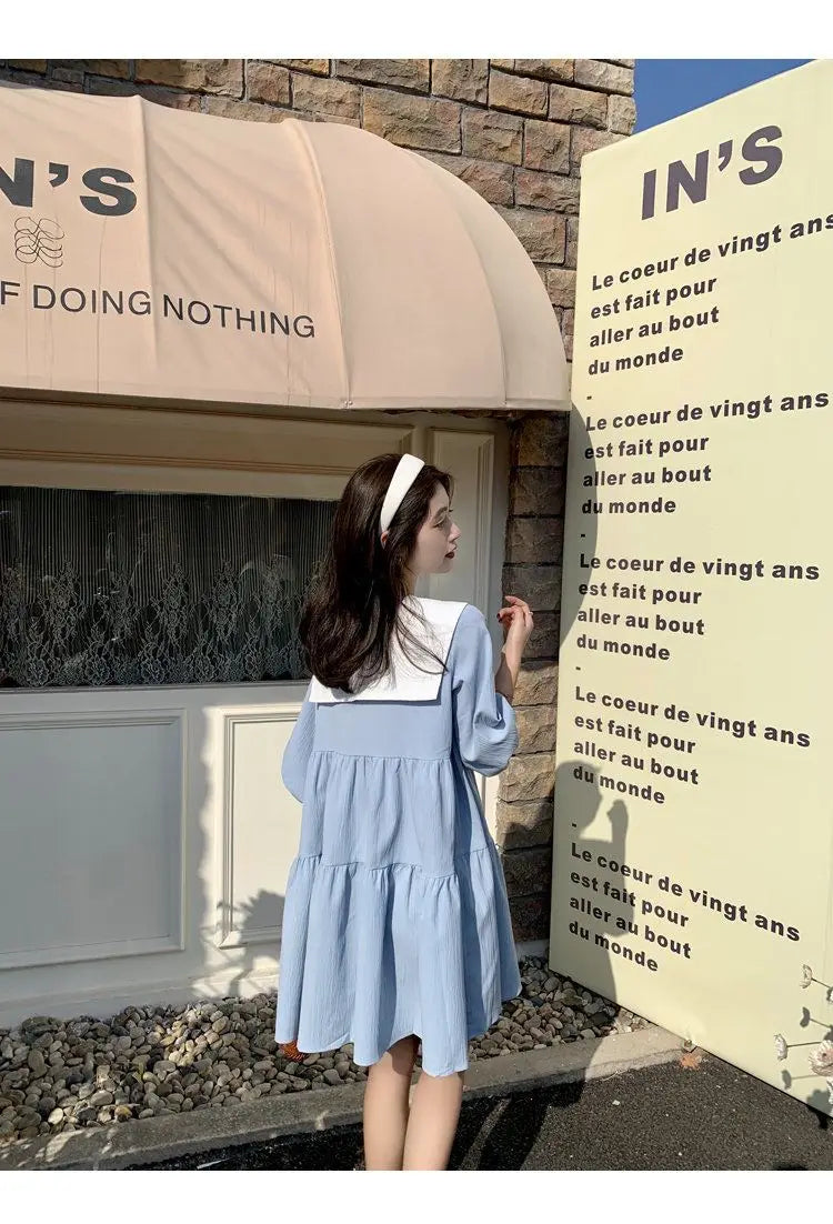 Vintage Pleated Lacing Loose Mini Dress Summer New Half Sleeve Solid Color Sweet Casual Dresses Fashion Korean Women Clothing