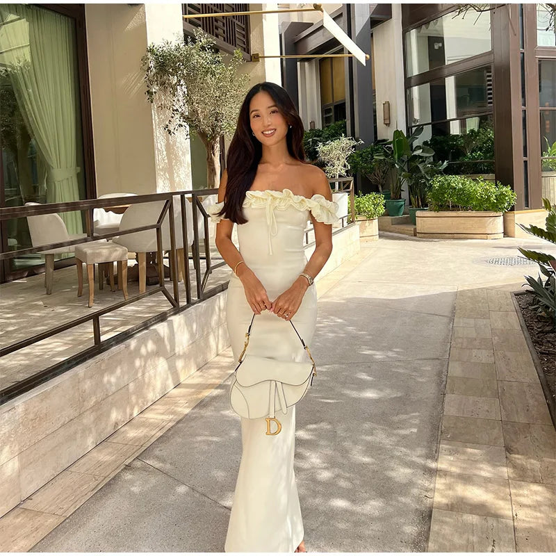 Sexy Off Shoulder Ruffles Women's Dresses Fashionable Lace Up Solid Slim Fit Long Dress Female Summer Beach Holiday Party
