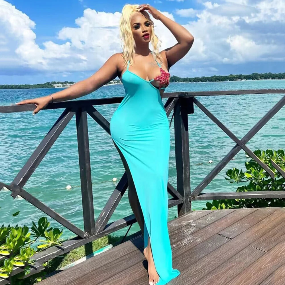 Tosca Starfish Bustier Split Maxi Dress Spaghetti Strap Backless Design Celebrity Party Vacation Sexy Lace-Up Maxi Long Dress
