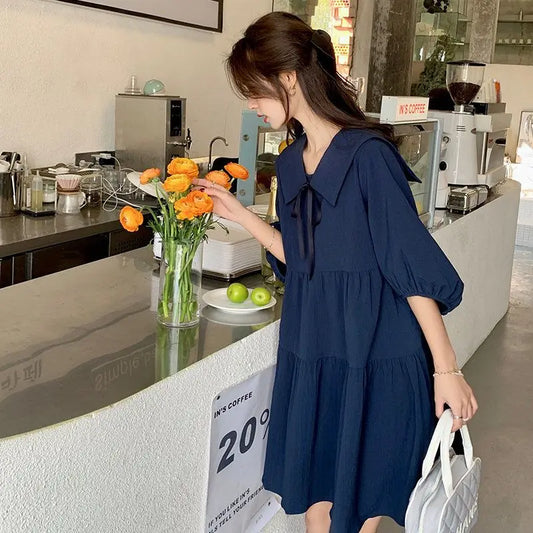 Vintage Pleated Lacing Loose Mini Dress Summer New Half Sleeve Solid Color Sweet Casual Dresses Fashion Korean Women Clothing