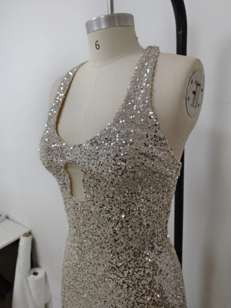 Sexy Spaghetti Straps Glitter Sequin Cut Out Maxi Dress Women Sleeveless Backless Sequined Slim Long Dress Celebrity Party Gowns