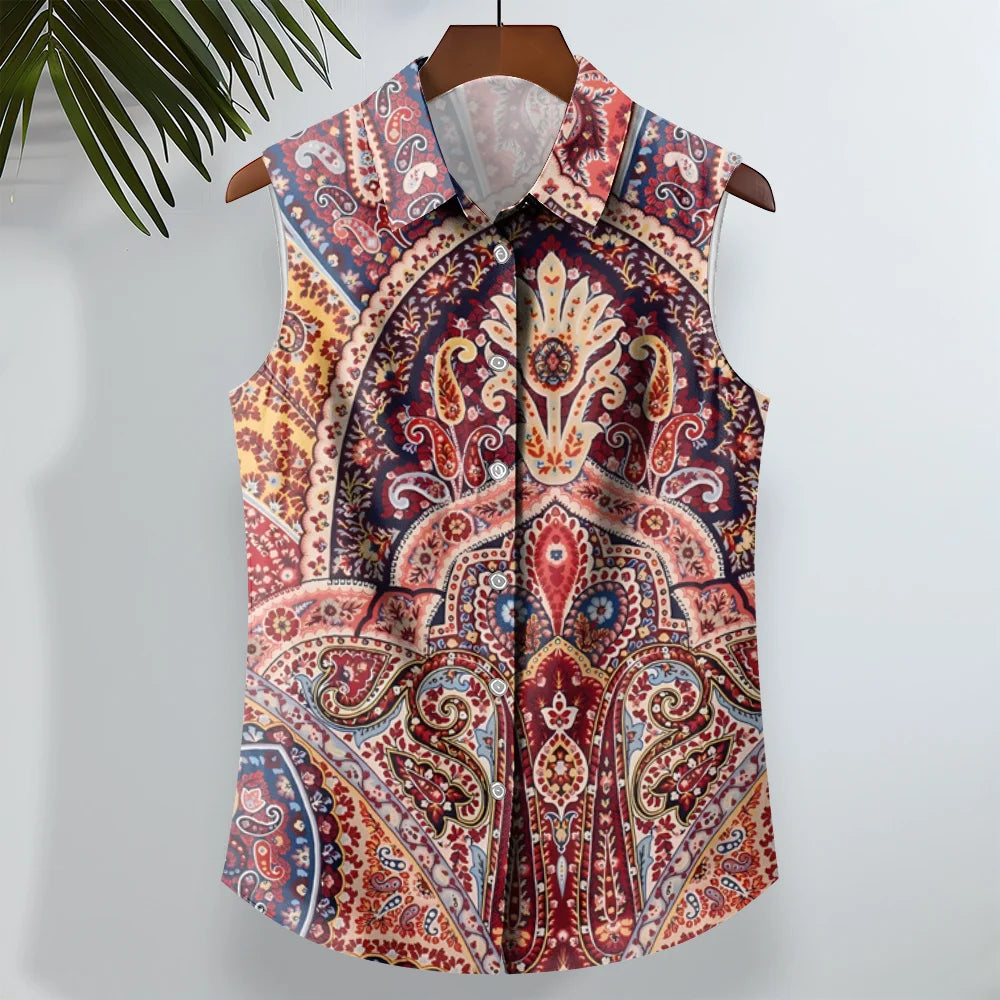 Ethnic Style Men's Shirts Cashew Flower Print Sleeveless Lapel Tops Hawaiian Shirt For Men Casual Vintage Oversized Men Clothing
