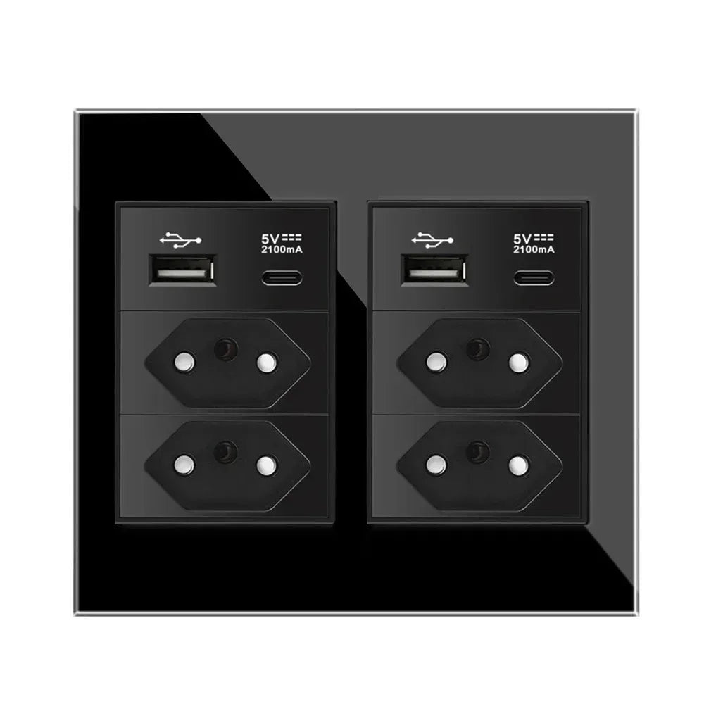 Melery 4*4 Brazil Plug 20A Wall Socket Tomada USB Type C Pressure Switch Tempered Glass Panel Outlets Indoor Home Office Kitchen