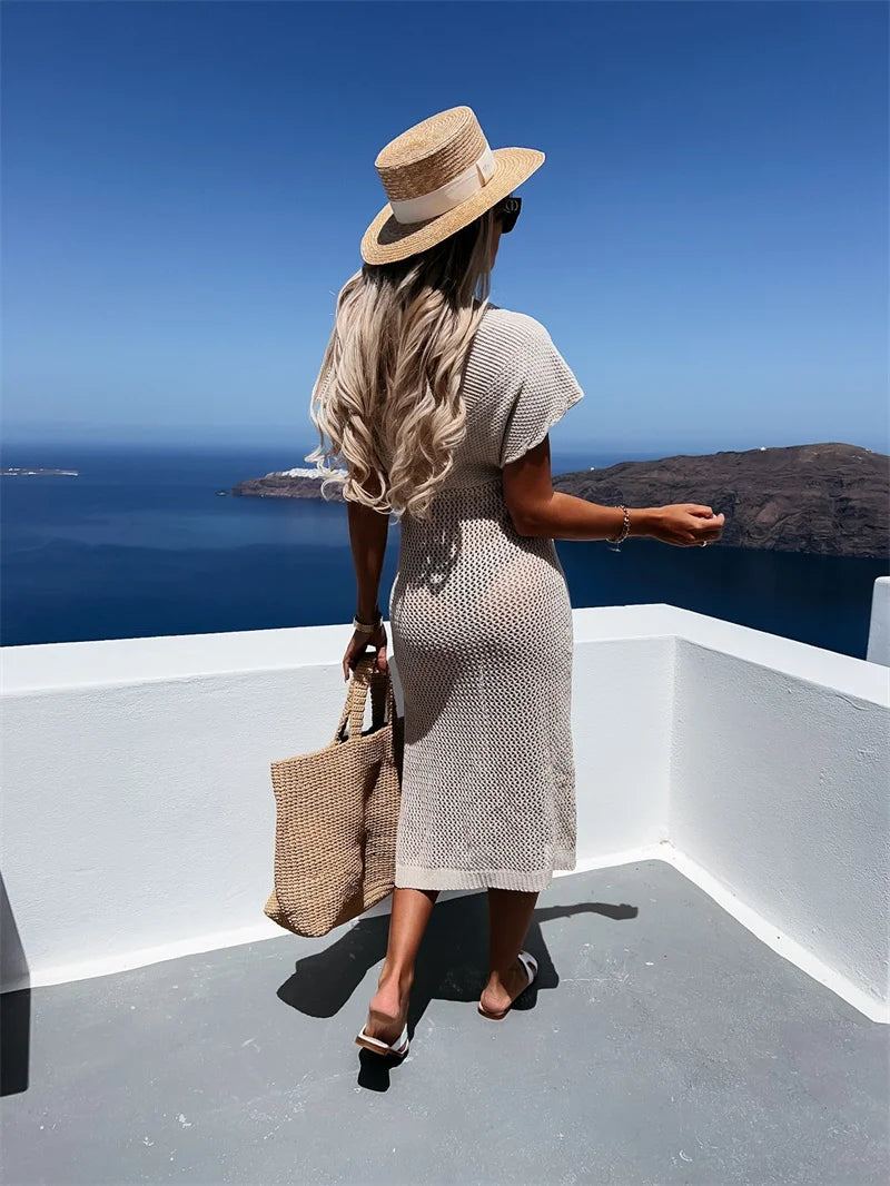 2024 White Crochet Tunic Bikini Cover-ups Sexy Hollow Out Long Dress V neck Women Summer Clothes Beach Wear Knitted Cover Up
