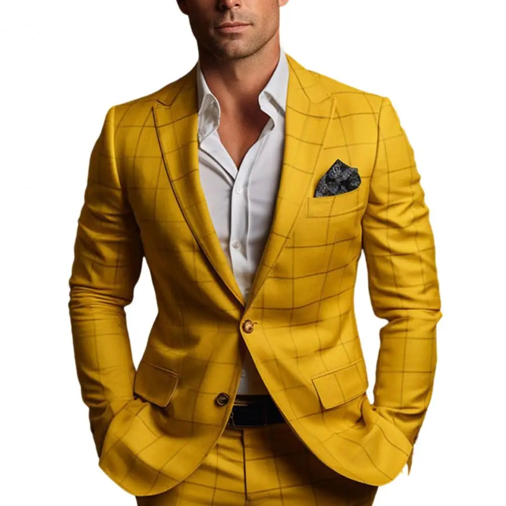 Vintage Men Suit Formal Slim Fit Plaid Print Business Jacket Long Sleeve Single Button Men Office Attire Coat