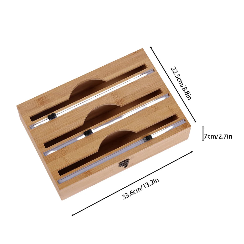 New 3 In 1 Bamboo Wrap Dispenser Storage For Aluminum Foil With Cutter Cling Film Holder Kitchen Accessories Organizer