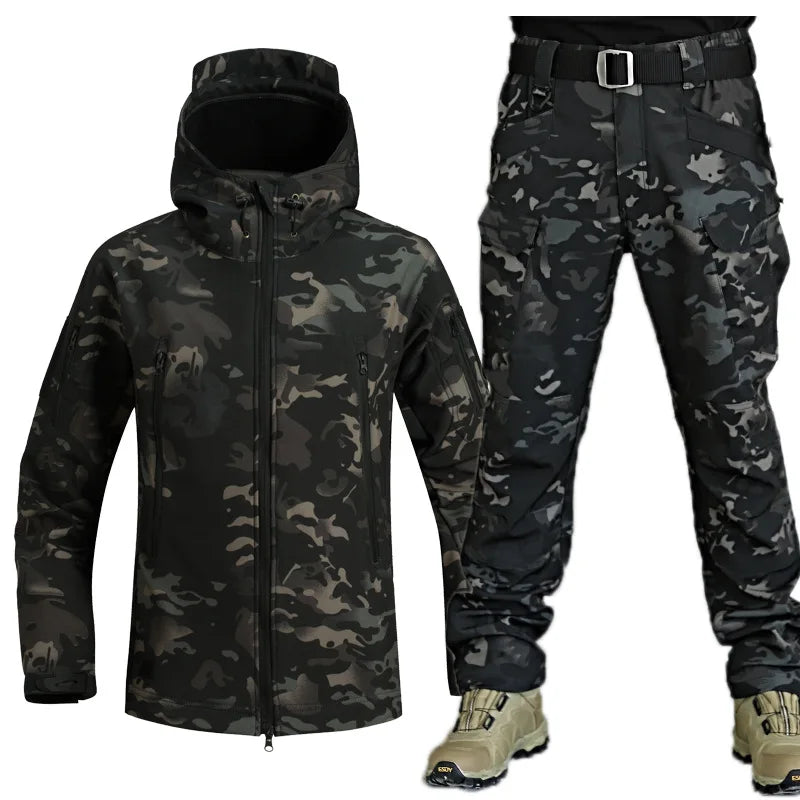 Winter Tactical Sets Men Outdoor Work Fleece Jacket Waterproof Shark Skin Soft Shell Hooded Jacket Multi-pocket Cargo Pant 2 Pcs
