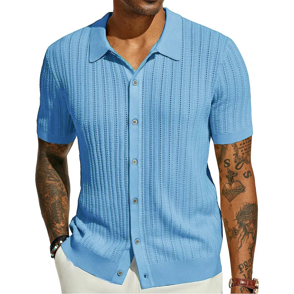 Summer Men's Casual Shirt Breathable Hollow Out Knit Shirt Short Sleeve Lapel Lightweight Top for Men European  American Loose